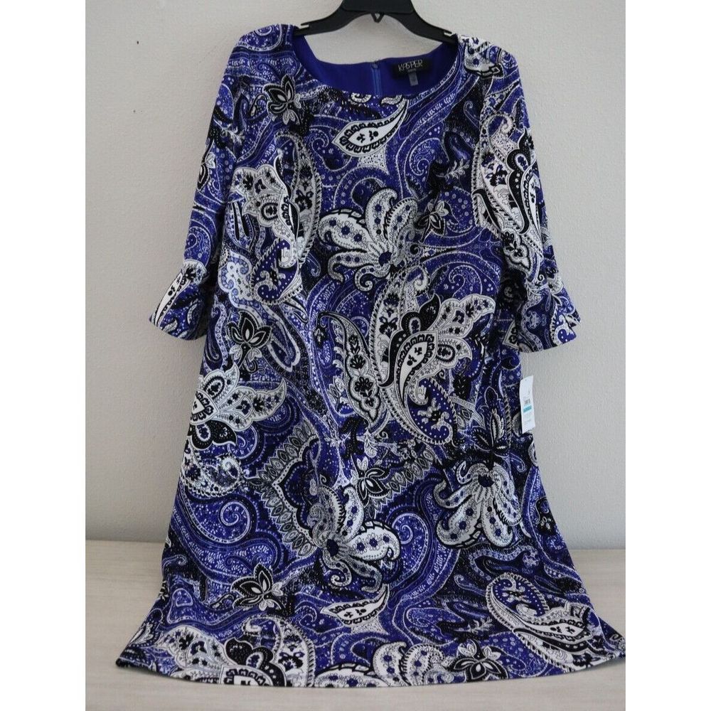 Kasper Women's Sz 16 Royal Blue Combo Printed Ruffle-Sleeve Sheath Dress $89